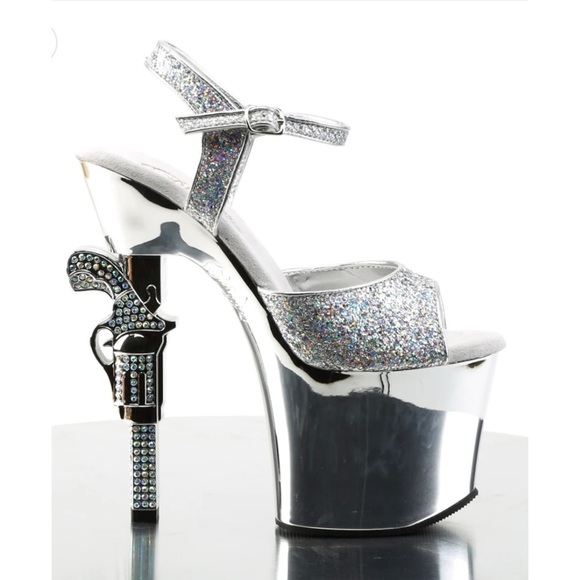 Pleaser Bond Girl REVOLVER 709G Silver GlitterSilver Chrome Platfoorm SZ 10 $120 - Picture 1 of 16